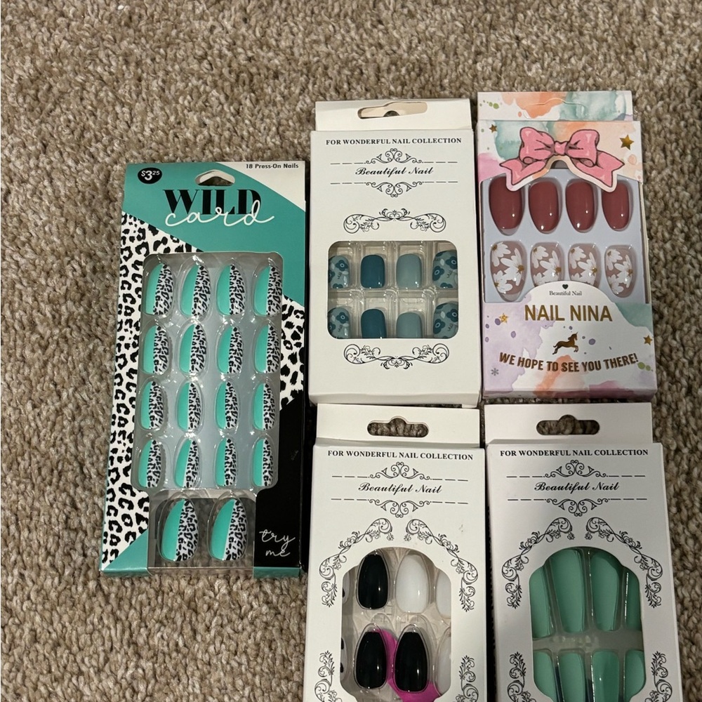 Assorted Press-On Nail Sets 5 boxes Mint Green, Cheetah Cow Print, Floral